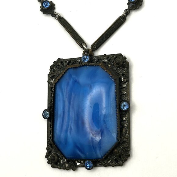 Vintage 1920s Czech Art Deco Blue Glass Necklace Filigree Bar Link Chain 18” - Picture 6 of 16